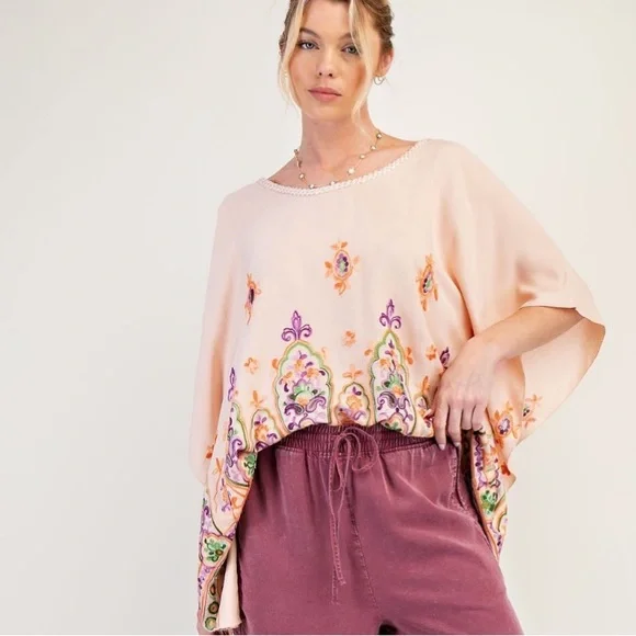 872 ❤️ EASEL peach EMBROIDERED RAYON CHALLIS PONCHO TUNIC - Picture 2 of 5